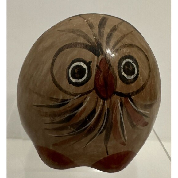 Vintage Mexico Tonala Pottery Owl Hand Painted 3” Brown Orange - Picture 1 of 9